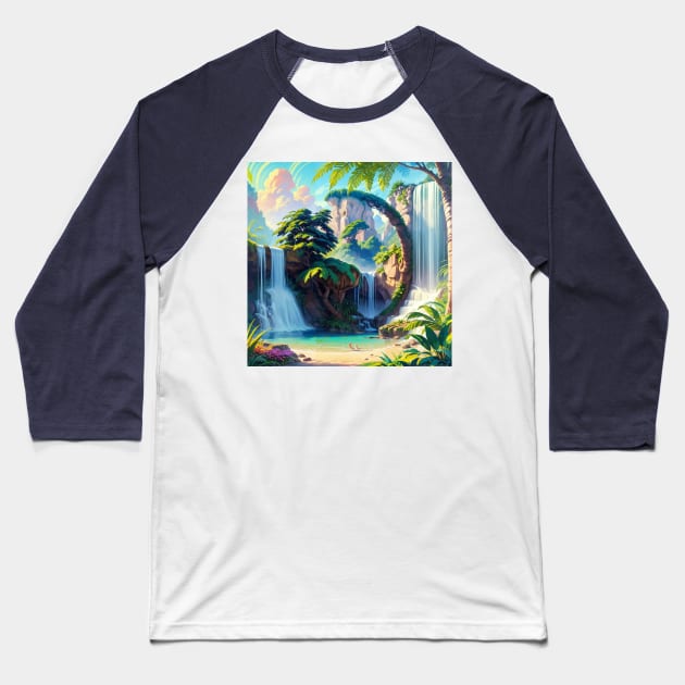 Verdant Jungle Waterfall Illustration with a Hidden Cat Outline Baseball T-Shirt by ravel.live